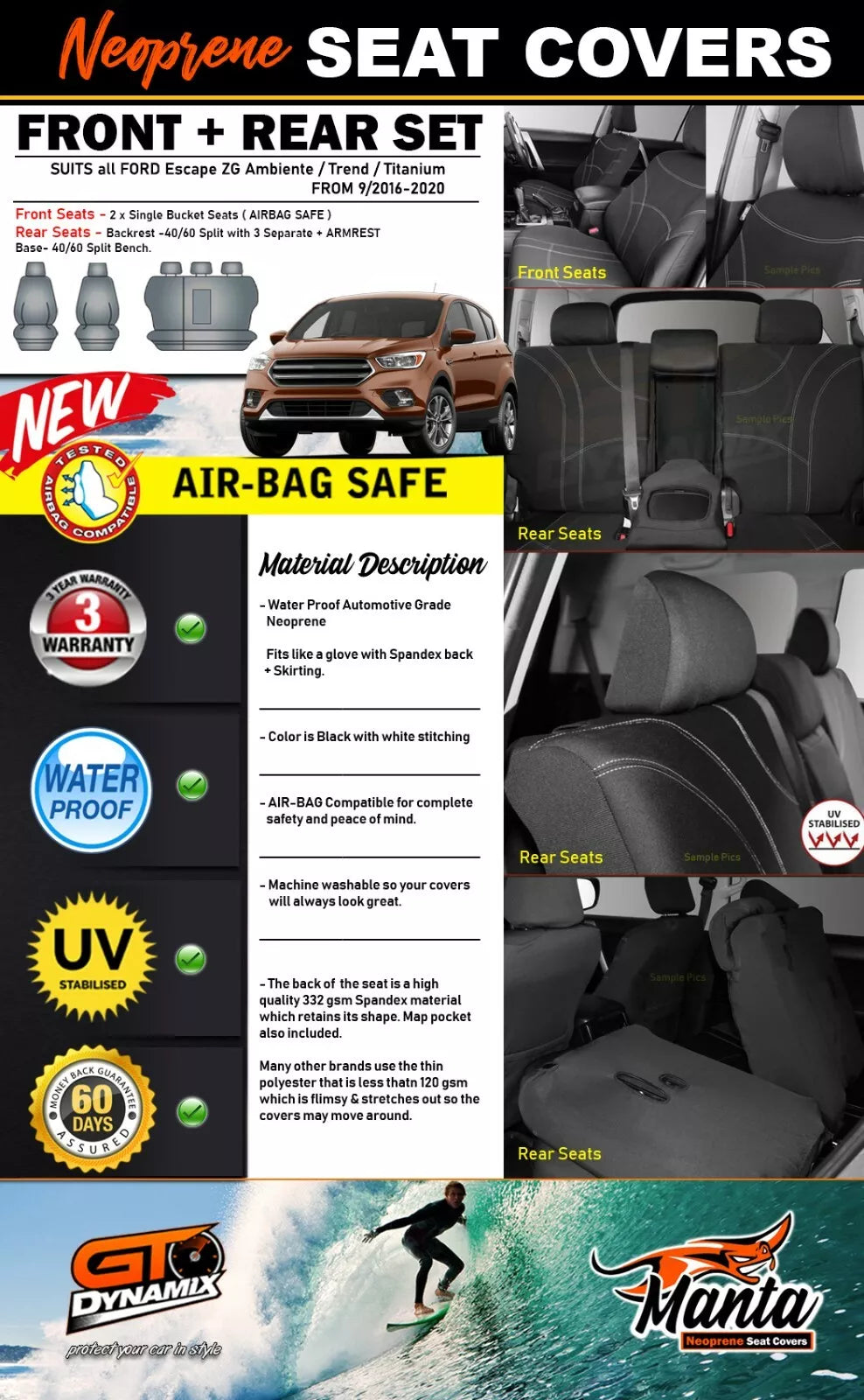 Manta Neoprene 2 Rows Seat Covers For Ford Escape ZG Ambiente Trend Titanium 9/2016-2020