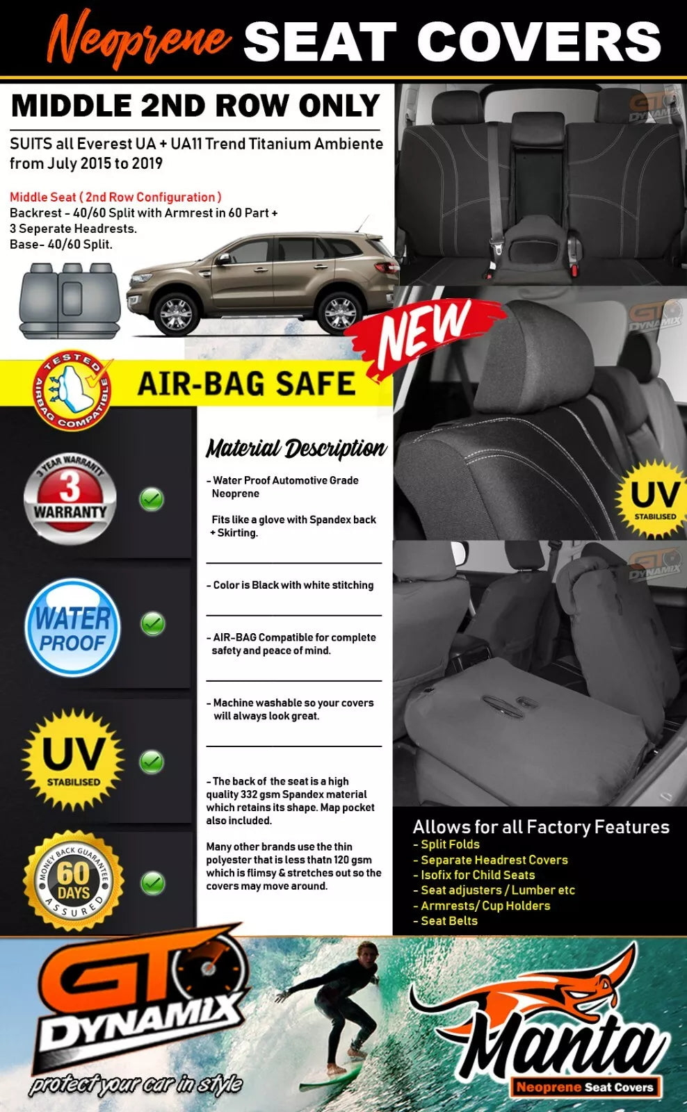 Manta Neoprene Middle Row Seat Covers For FORD Everest Trend Titanium 2015-2022