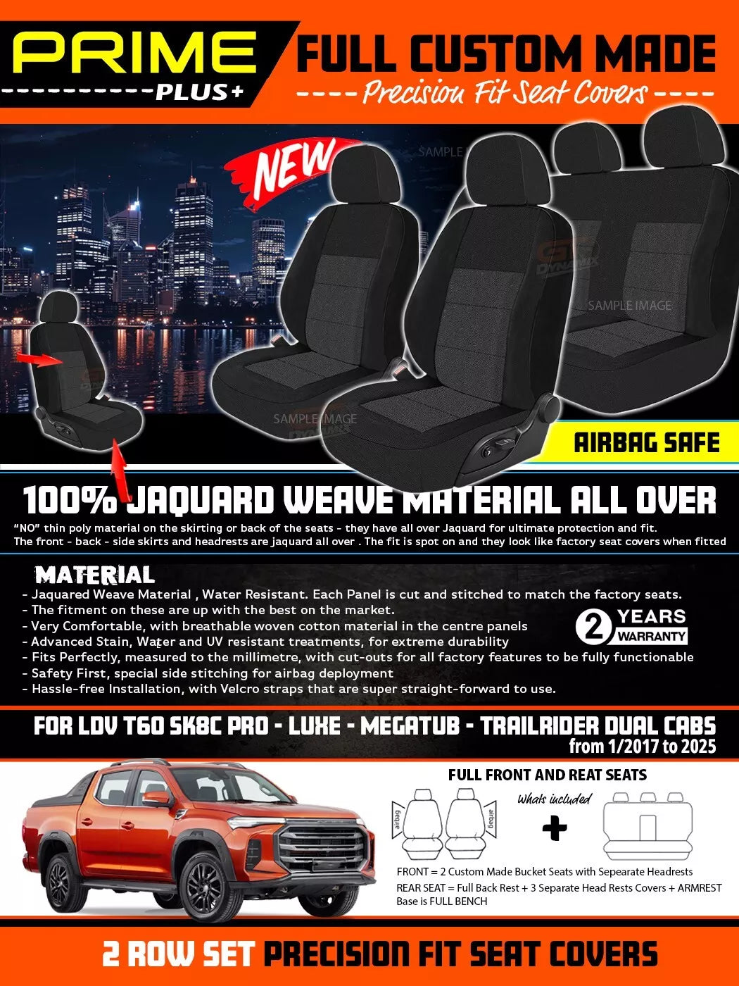PRIME PLUS Seat Covers 2 Rows Black For LDV T60 PRO LUXE MEGATUB Trailrider 2017-2025