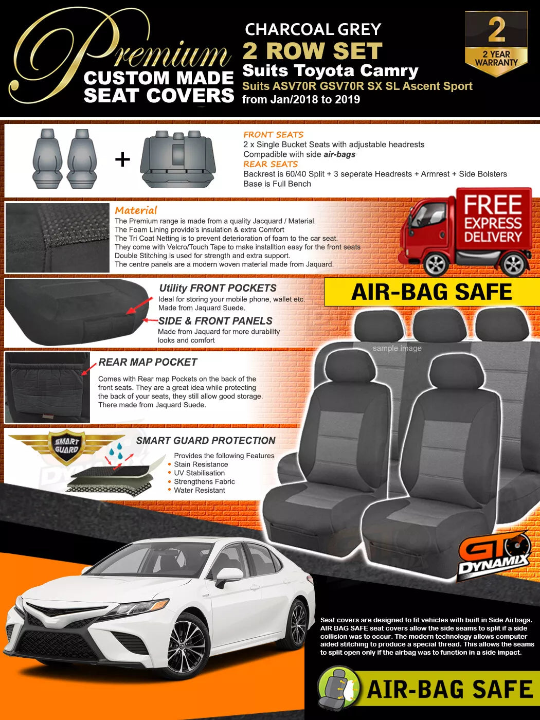 Premium Seat Covers 2 Rows Charcoal Grey For TOYOTA CAMRY ASV70R GSV70R Ascent SX 2018-2024