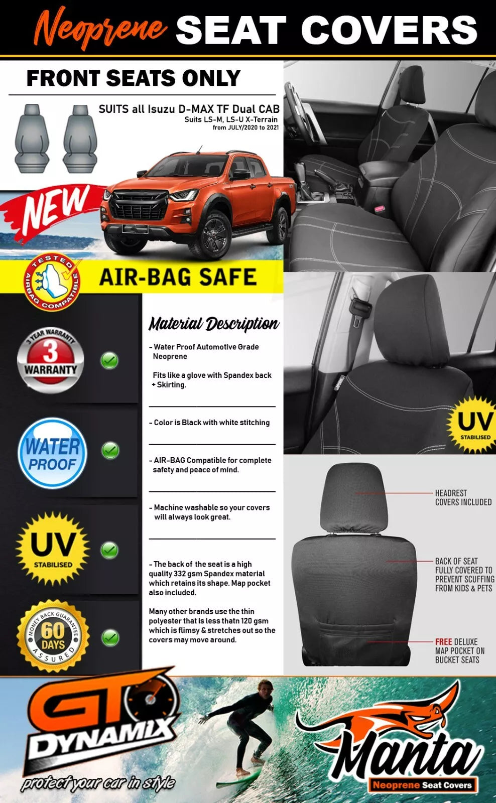 Manta Neoprene Front Seat Covers For ISUZU DMAX TF LS-M LS SX SPACE CAB 2008-2012