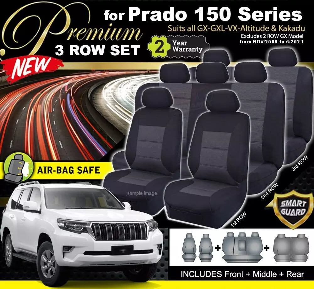 Premium Seat Covers 3 Rows Charcoal Grey For Toyota PRADO 150 Series GXL VX Kakadu GX 2009-2021