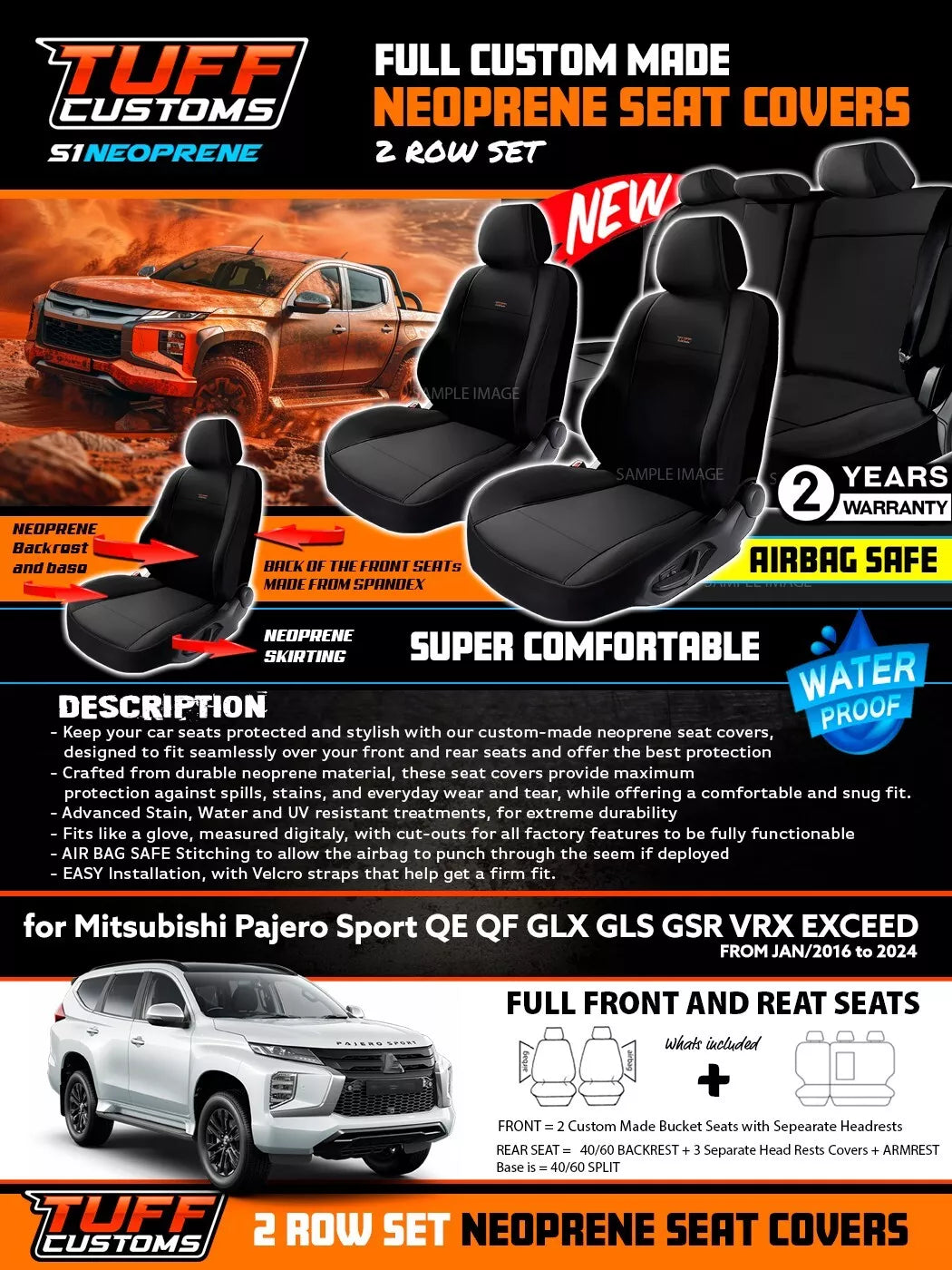 TUFF Customs S1 Neoprene Seat Covers 2 Rows For Mitsubishi Pajero Sport GLX GLS GSR EXCEED 1/2016-2024