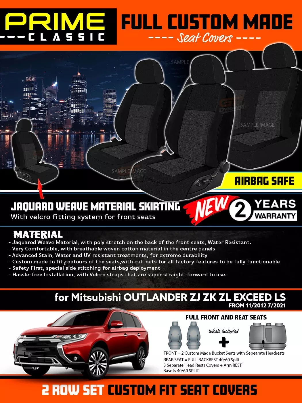 PRIME Classic Seat Covers 2 Rows Black For Mitsubishi OUTLANDER ZJ ZK ZL 11/2012-7/2021