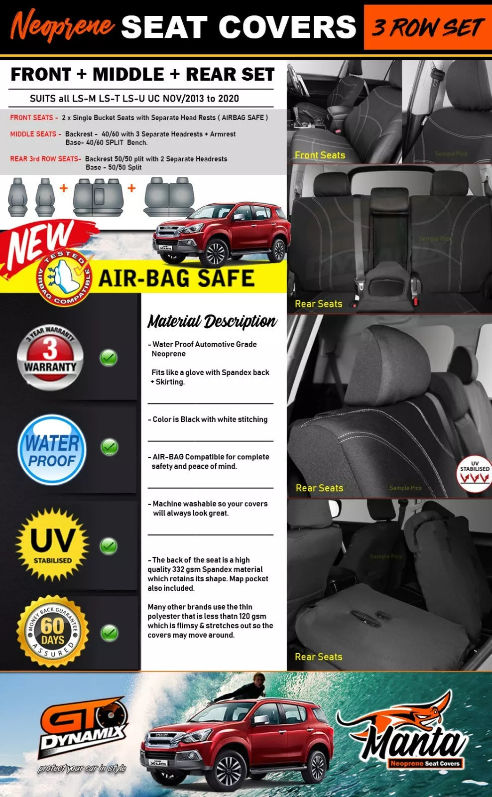 Manta Neoprene 3 Rows Seat Covers For Isuzu MU-X LSM UC LS-U 6/2015-6/2022
