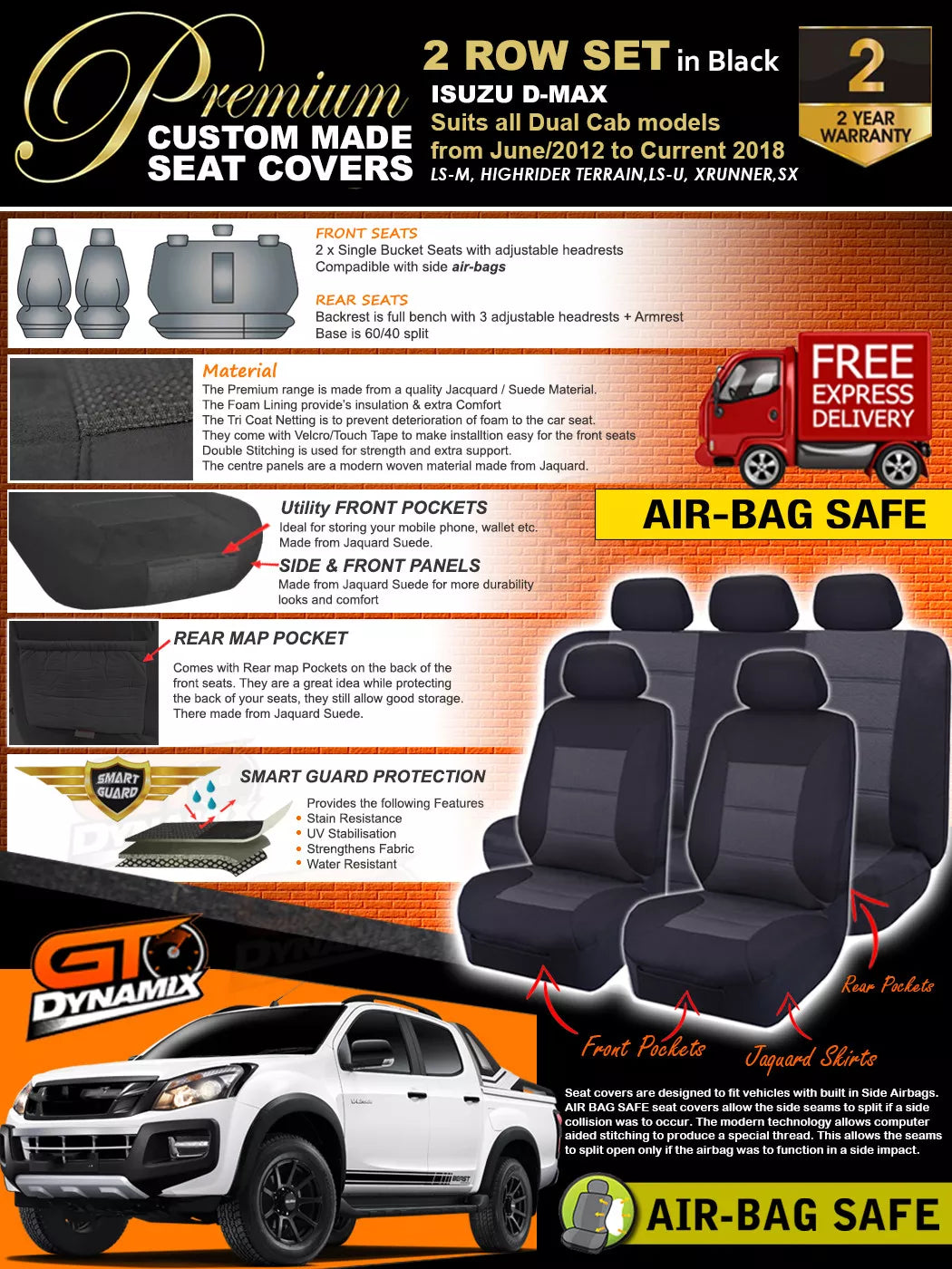 Premium Seat Covers 2 Rows Black For Isuzu D-MAX TF CREW CAB LS-M LS-U 6/2012-6/2020