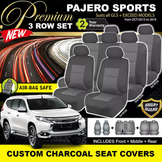 Premium Seat Covers 3 Rows Charcoal Grey For Mitsubishi Pajero SPORTS GLS EXCEED 10/2015-2019