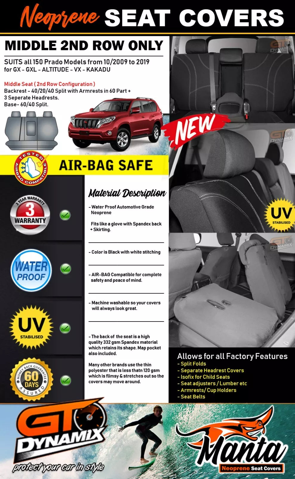Manta Neoprene 2nd Row Seat Covers For Toyota Prado 150 2009-2024