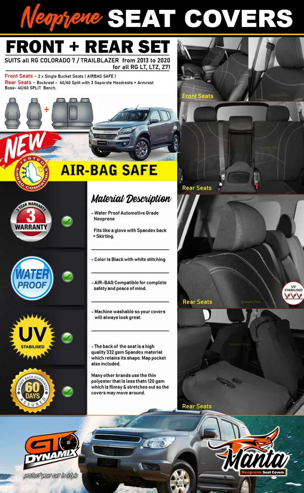 Manta Neoprene 2 Rows Seat Covers For Trailblazer / Colorado 7 LT LTZ 2013-2020