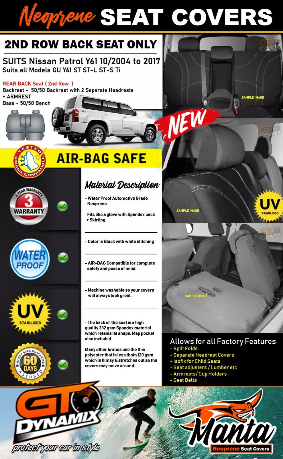 Manta Neoprene 2nd Row Seat Covers For Nissan Patrol Y61 ST ST-S Ti 10/2004-2017