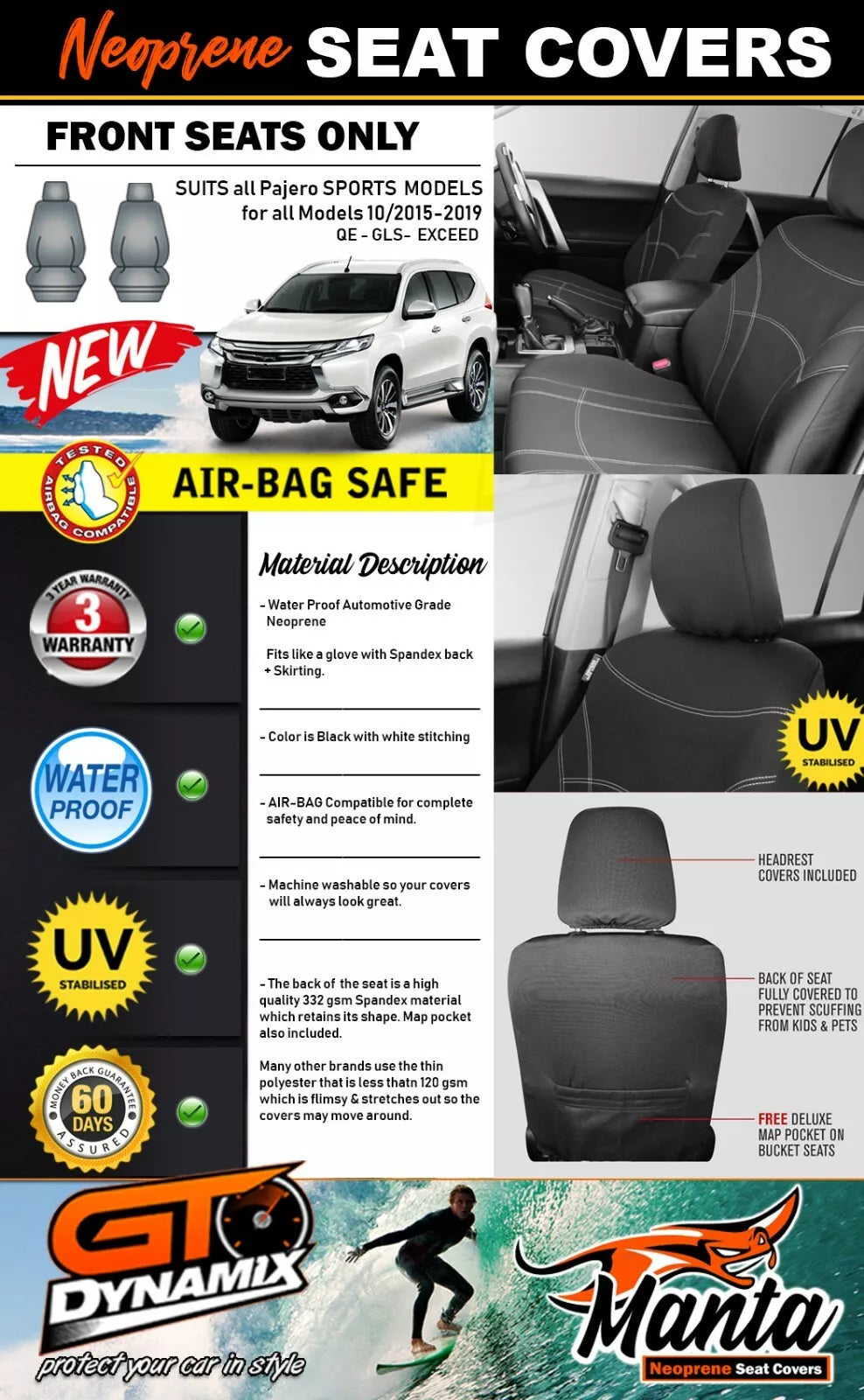 Manta Neoprene Front Seat Covers For Pajero Sports GLS GLX EXCEED 2015-2024