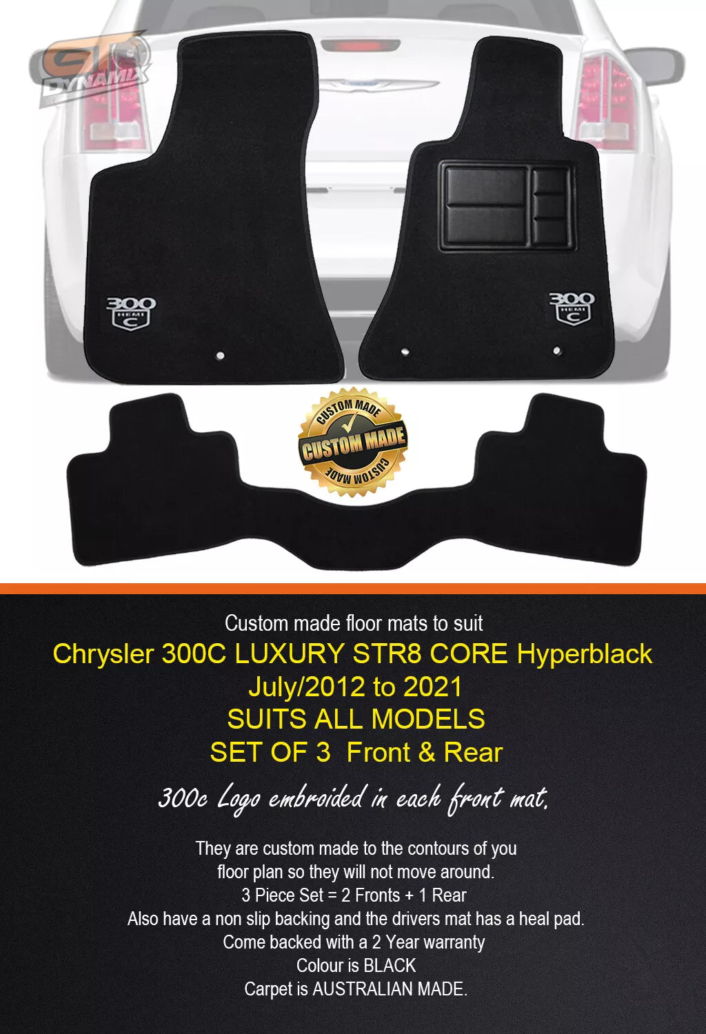 BLACK Custom Made Floor Mats CHRYSLER 300C SRT8 CORE LUXURY 2012-21 ( 300c LOGO)