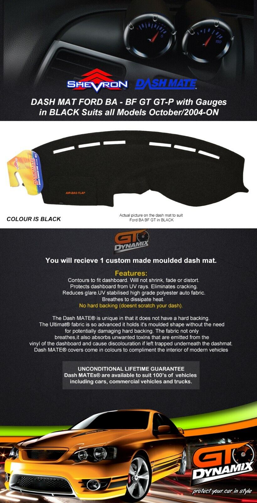 Shevron Dash Mat FORD Falcon BA BF FPV GT GT-20P F6 Gauge MKII 10/2004-4/2008  DM966 Black
