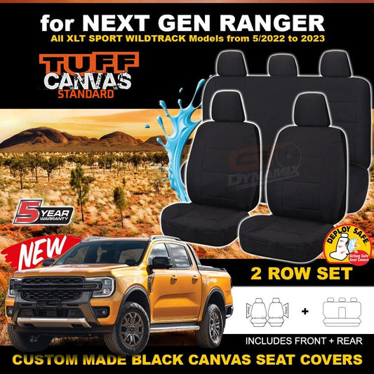 Tuff Canvas Seat Covers 2 Rows For Ford NEXT GEN Ranger XLT SPORT WILDTRACK 5/2022-2025 Black