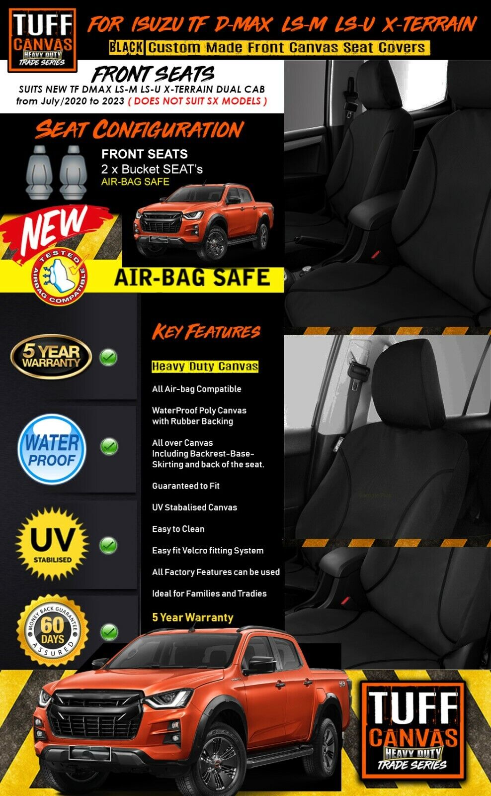 TUFF HD TRADE Canvas Seat Covers Front For Isuzu D-MAX TF X-Terrain 7/2020-2023 Black