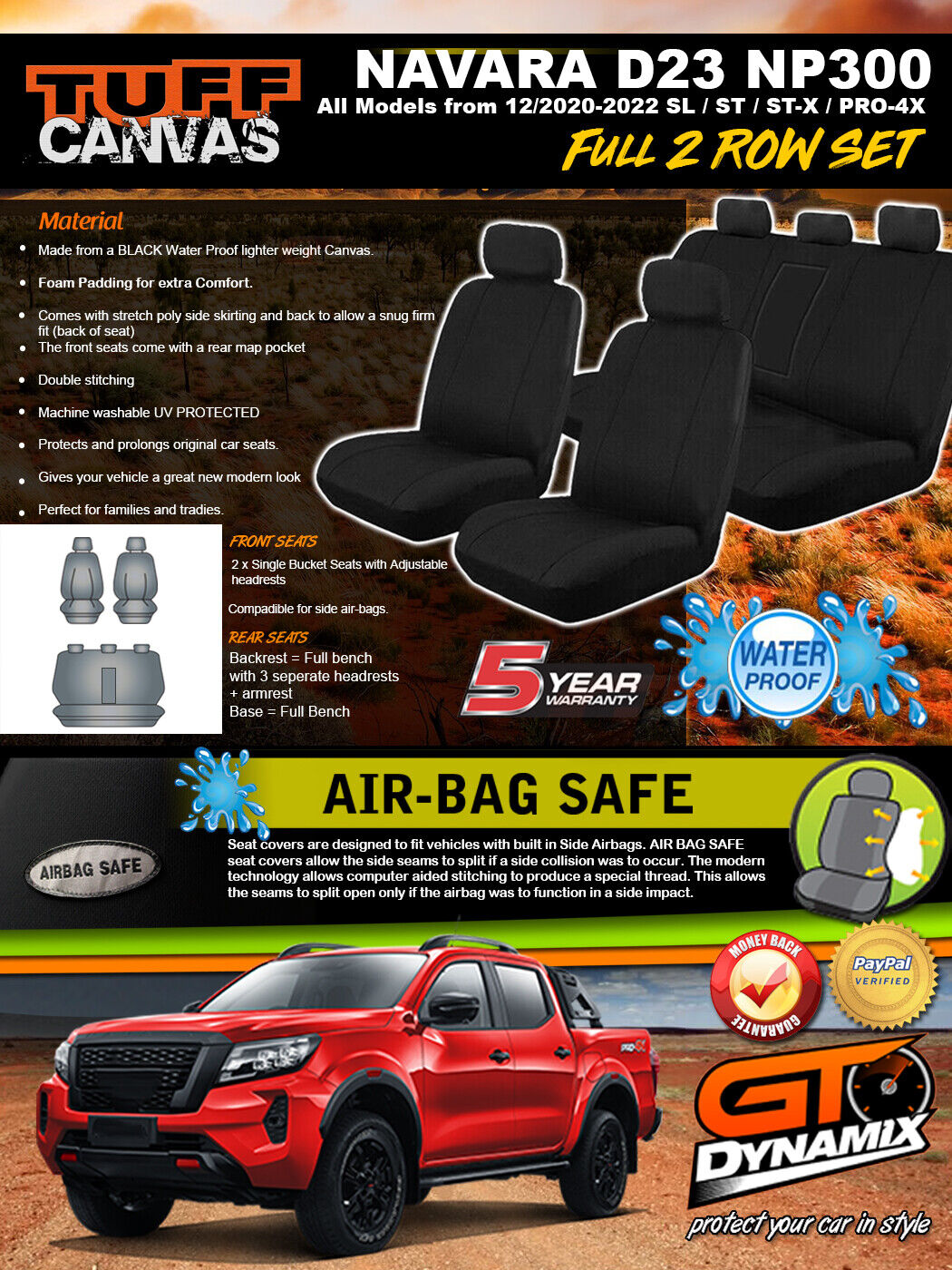 Tuff Canvas Seat Covers 2 Row For Nissan Navara D23 NP300 S5 ST PRO-4X 12/2020-2024 Black