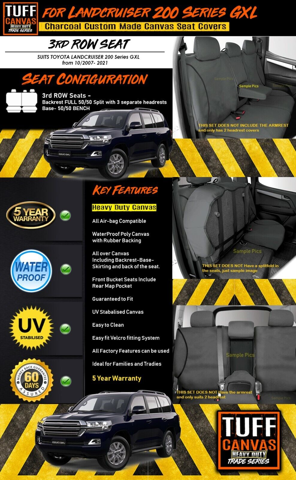 TUFF HD TRADE Canvas Seat Covers 3rd Row For Toyota Landcruiser 200 Series GXL 2009-2021 Charcoal