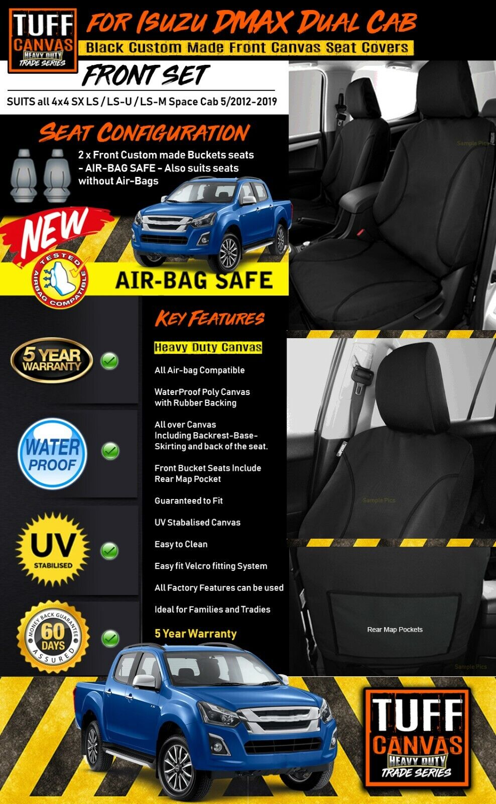 TUFF HD TRADE Canvas Seat Covers Front For Isuzu D-MAX DMAX SX LS LSU 4x4 5/2012-2019 Black
