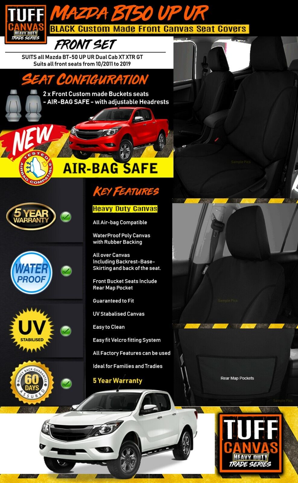TUFF HD TRADE Canvas Seat Covers Front For Mazda BT-50 UP UR XT XTR BT50 2011-2019 Black
