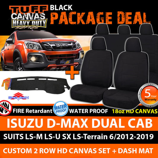 Tuff HD Canvas Seat Covers 2 Rows + Dash Mat For Isuzu D-MAX Dual Cab 6/2012-2019 Black