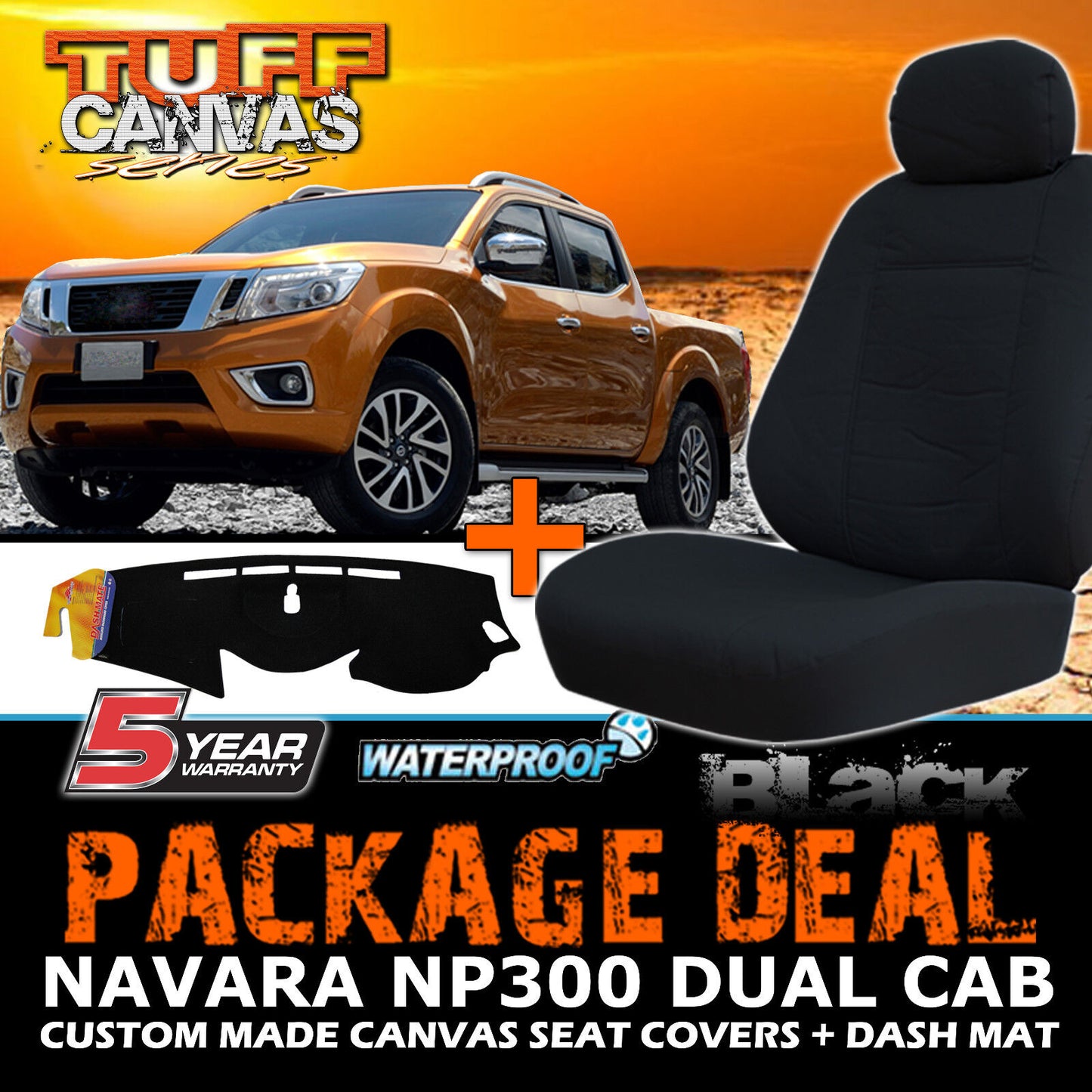 Tuff Canvas Seat Covers 2 Row + Dash Mat For Nissan Navara NP300 Dual Cab ST-X 3/15-2017 Black