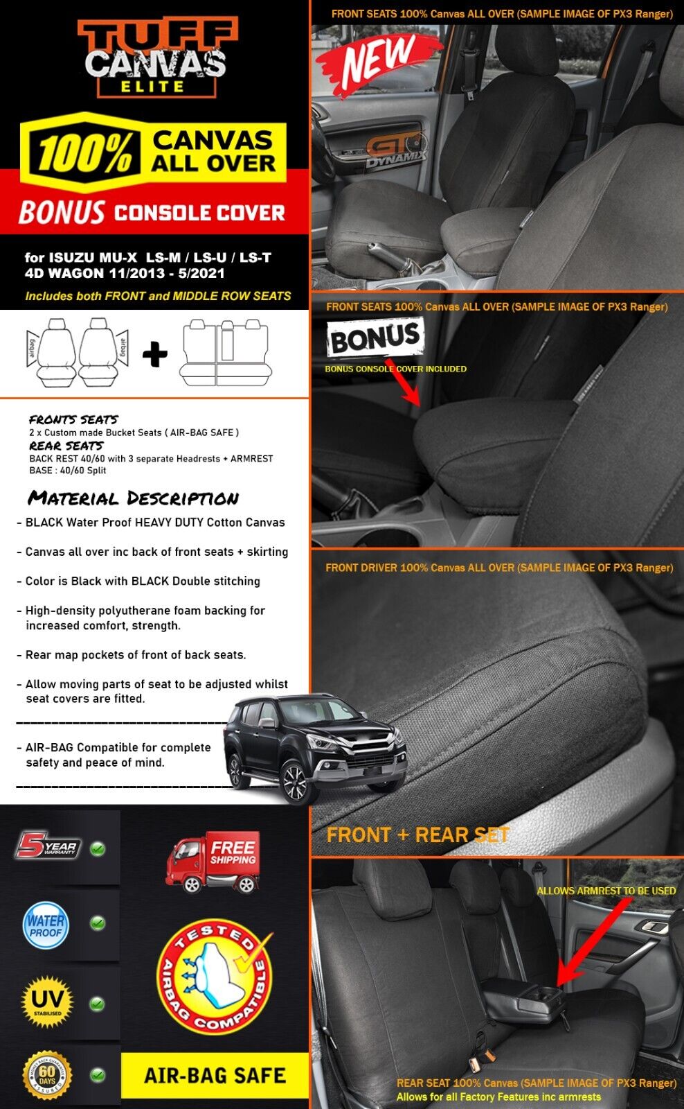 Tuff Elite Canvas Seat Covers 2 Rows For Isuzu MU-X LS-M LS-U LS-T 11/2013-5/2021 Black