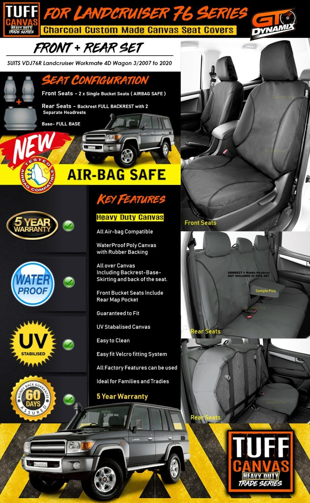 TUFF HD TRADE Canvas Seat Covers 2 Rows For Toyota Landcruiser 76 Series GXL VDJ76R 2007-2020 Charcoal
