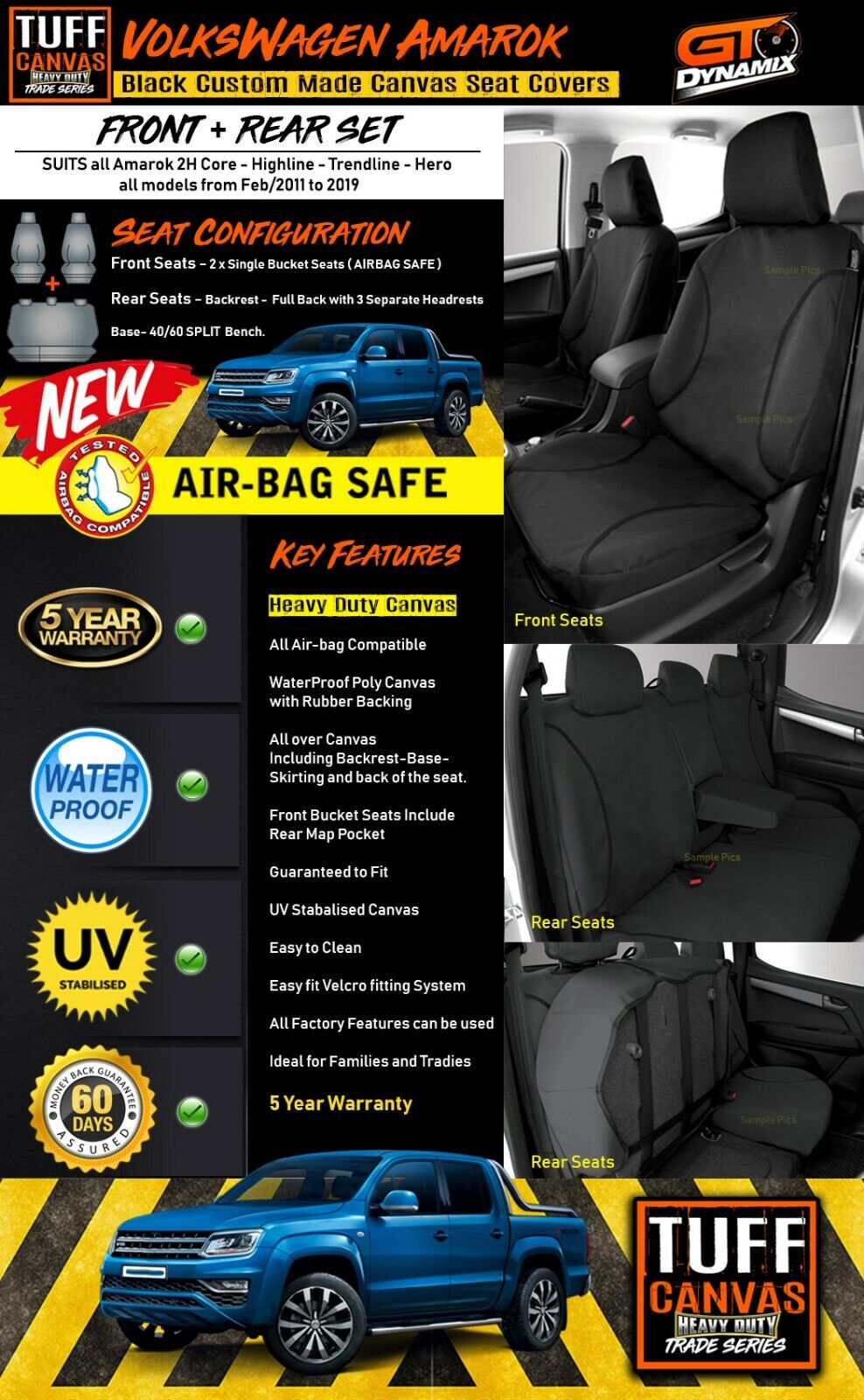 TUFF HD TRADE Canvas Seat Covers 2 Rows For Volkswagen Amarok Highline 2011-2022 Black