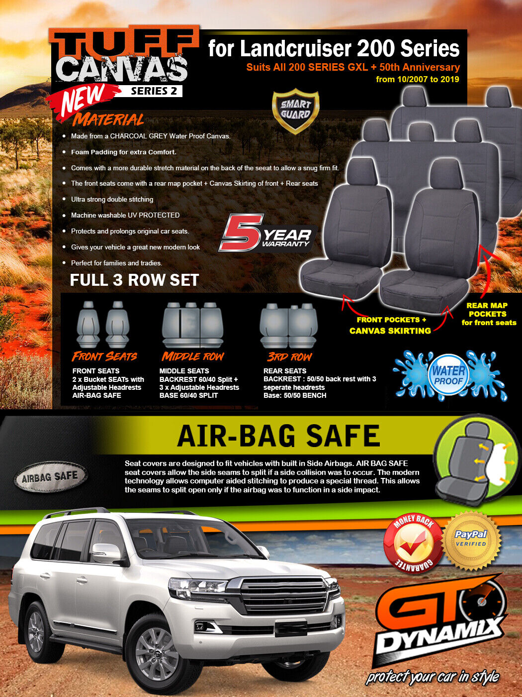 Charcoal Tuff Canvas S2 Seat Covers 3 Rows For Toyota Landcruiser 200 Series GXL 2007-2020