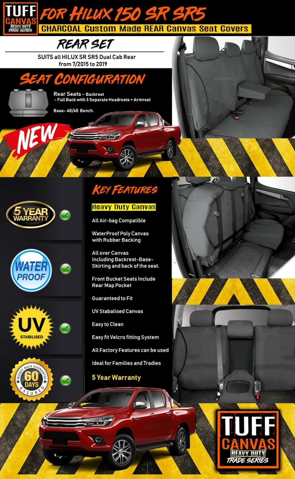 TUFF HD TRADE Canvas Seat Covers Rear For Toyota Hilux SR SR5 Dual Cab 7/2015-2021 Charcoal