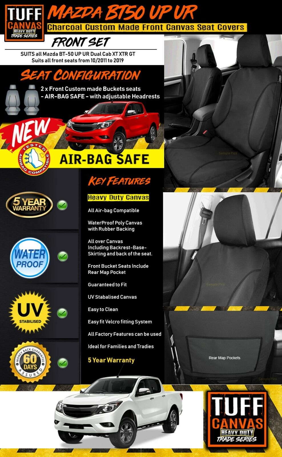 TUFF HD TRADE Canvas Seat Covers Front For Mazda BT-50 UP UR XT XTR BT50 2011-2019 Charcoal