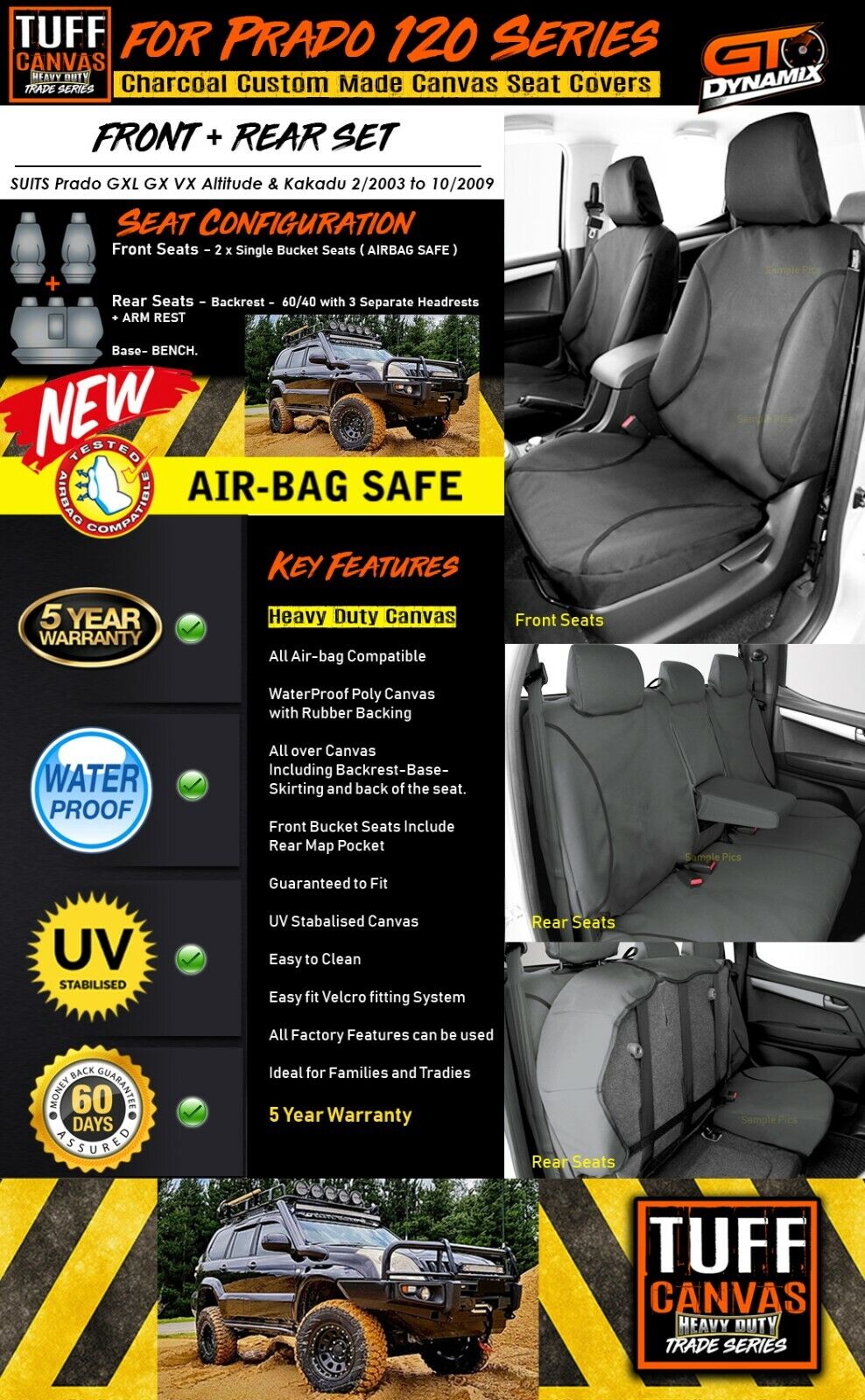TUFF HD TRADE Canvas Seat Covers 2 Rows For Toyota Prado 120 GX GXL Grande 2003-2009 Charcoal