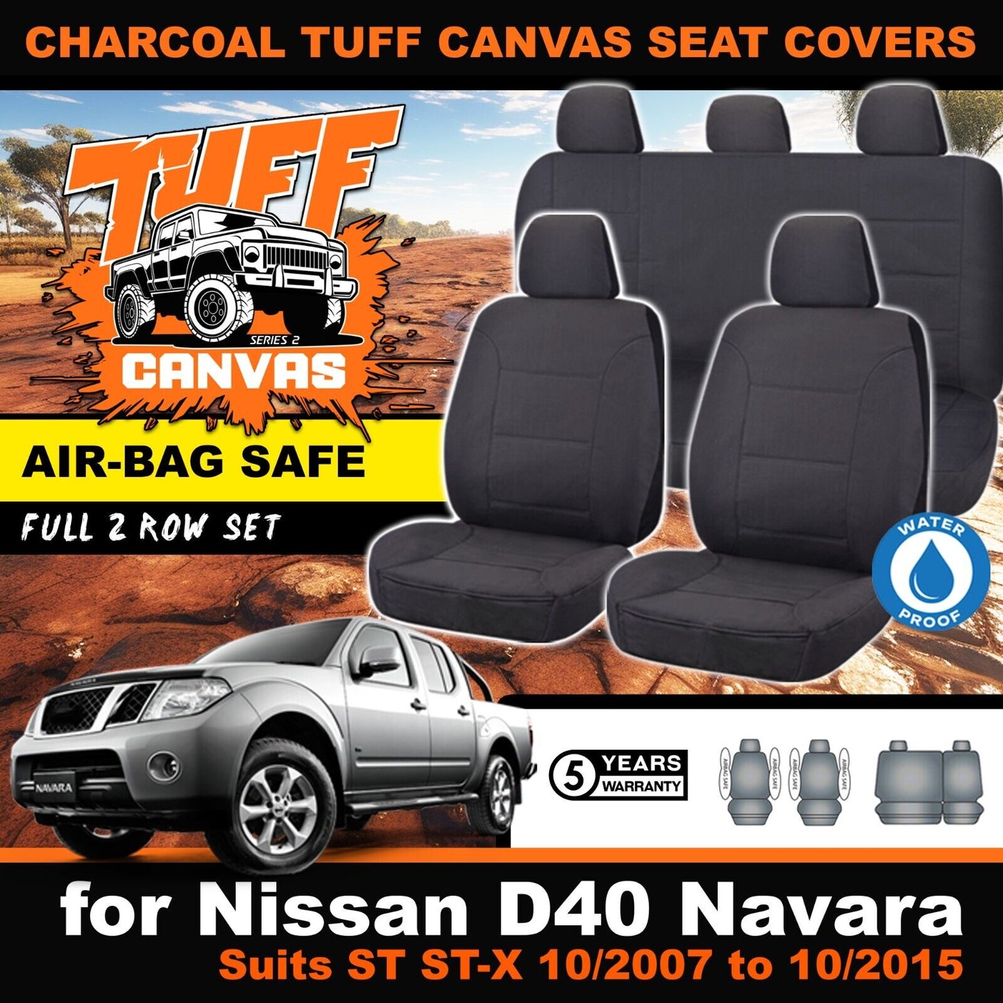 Charcoal Tuff Canvas S2 Seat Covers 2 Rows For Nissan Navara D40 ST ST-X 10/2007-10/2015