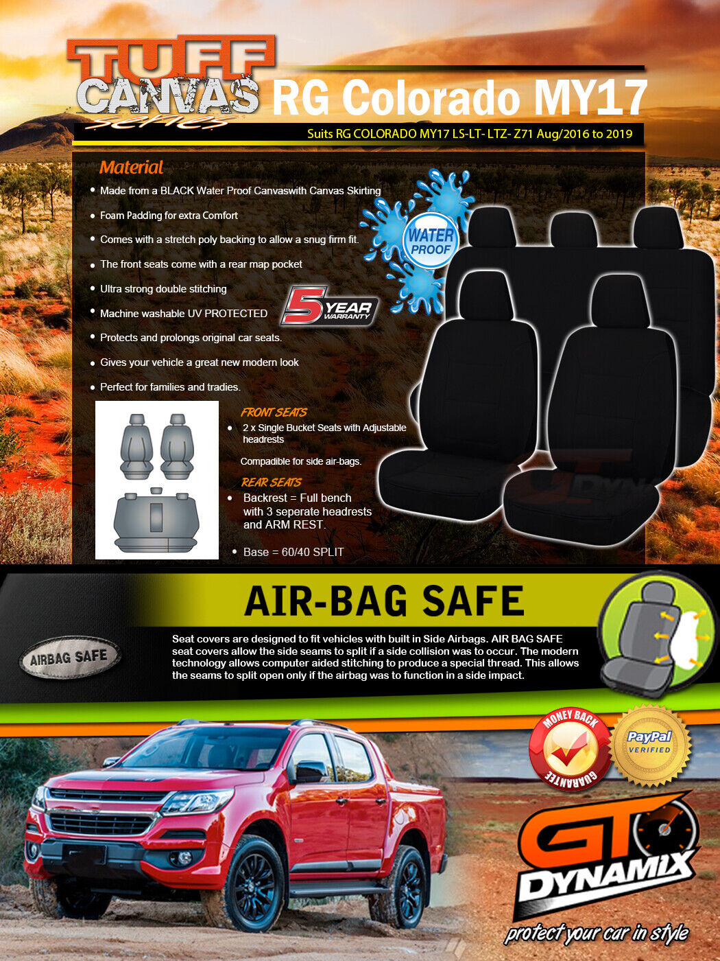 Black Tuff Canvas S2 Seat Covers 2 Rows For Holden RG Colorado LTZ LT 6/2012-2019