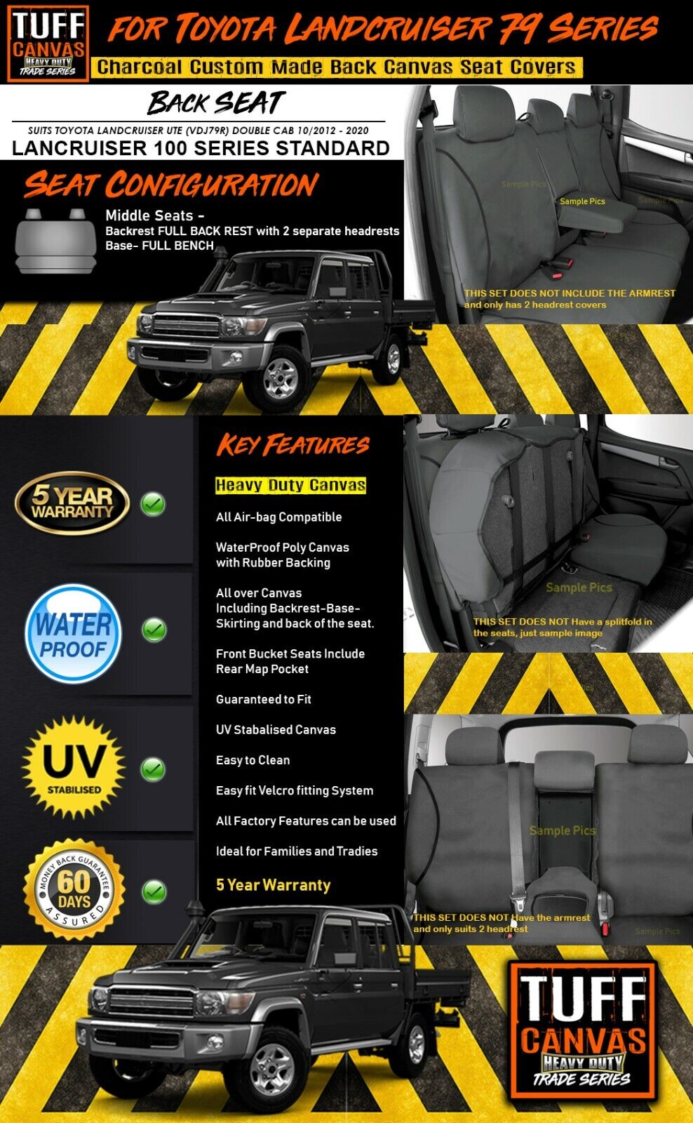 TUFF HD TRADE Canvas Seat Covers Rear For Toyota Landcruiser 79 Series VDJ79R 2012-2020 Charcoal