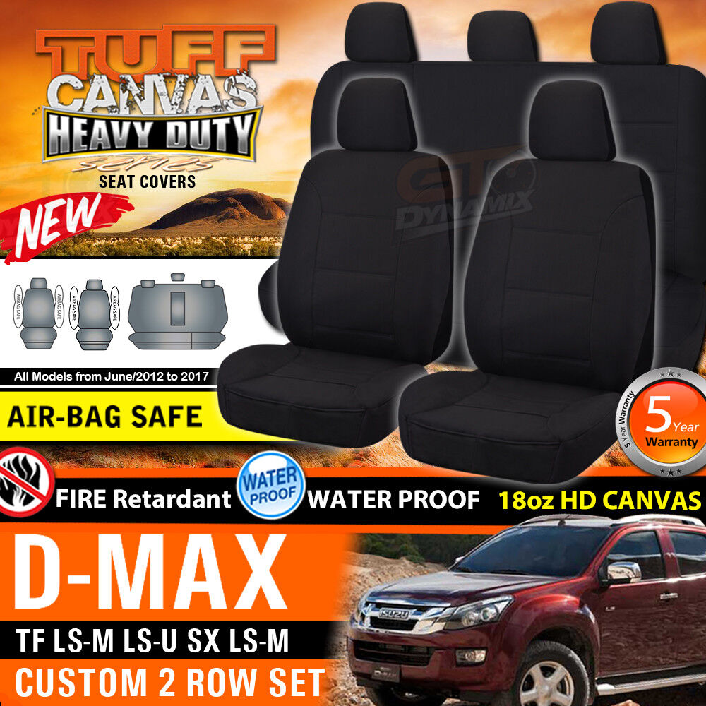 Tuff HD Canvas Seat Covers 2 Rows + Dash Mat For Isuzu DMAX Dual Cab 6/2012-19 Black