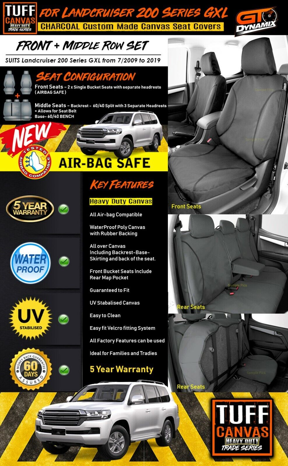 TUFF HD TRADE Canvas Seat Covers 2 Rows For Toyota Landcruiser 200 Series GXL 2009-2200 Charcoal