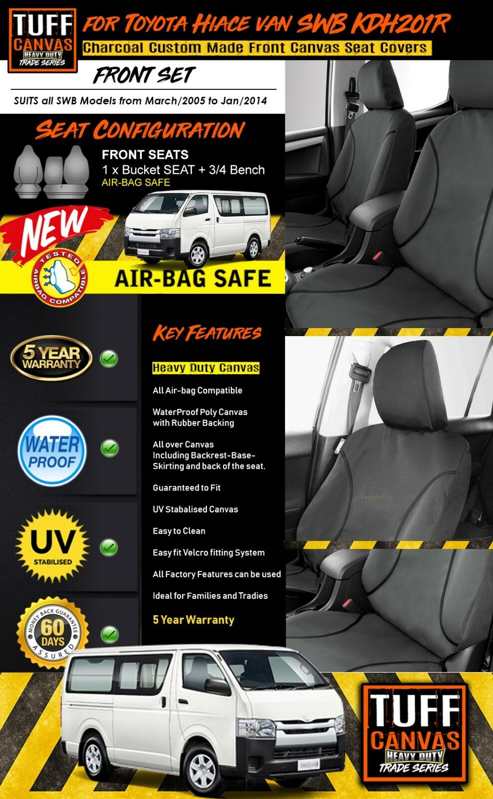 TUFF HD TRADE Canvas Seat Covers Front For Toyota Hiace KDH201R 3/4 Bucket Seat 3/2005-1/2014 Charcoal