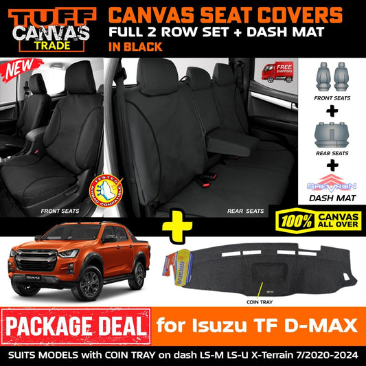 Tuff HD TRADE Canvas Seat Covers 2 Row + Dash Mat For Isuzu DMAX TF W/TRAY 2020-2024 DM1593 Black