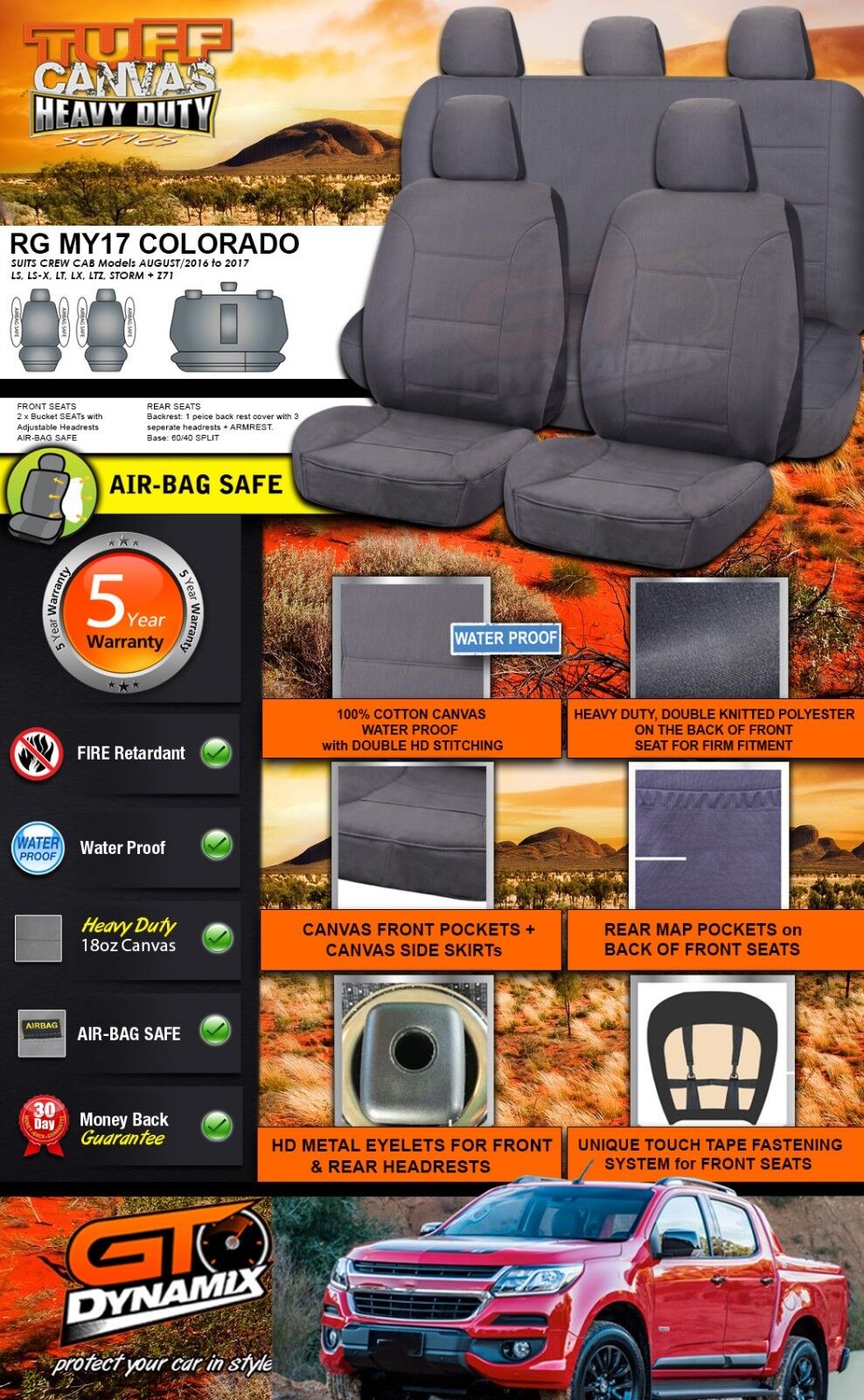 Tuff HD Canvas Seat Covers 2 Row For Holden RG Colorado Dual CAB LTZ LS 7/2016-2019 Charcoal