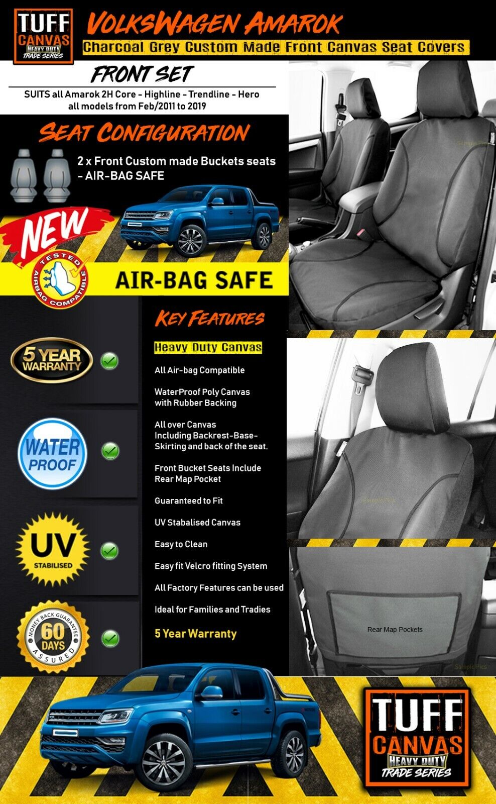 TUFF HD TRADE Canvas Seat Covers Front For Volkswagen Amarok 2011-2019 Charcoal
