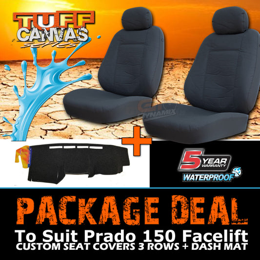 Tuff Canvas Seat Covers 3 Rows + Dash Mat For Toyota Prado Facelift 150 3ROW 10/2013-2018 Charcoal