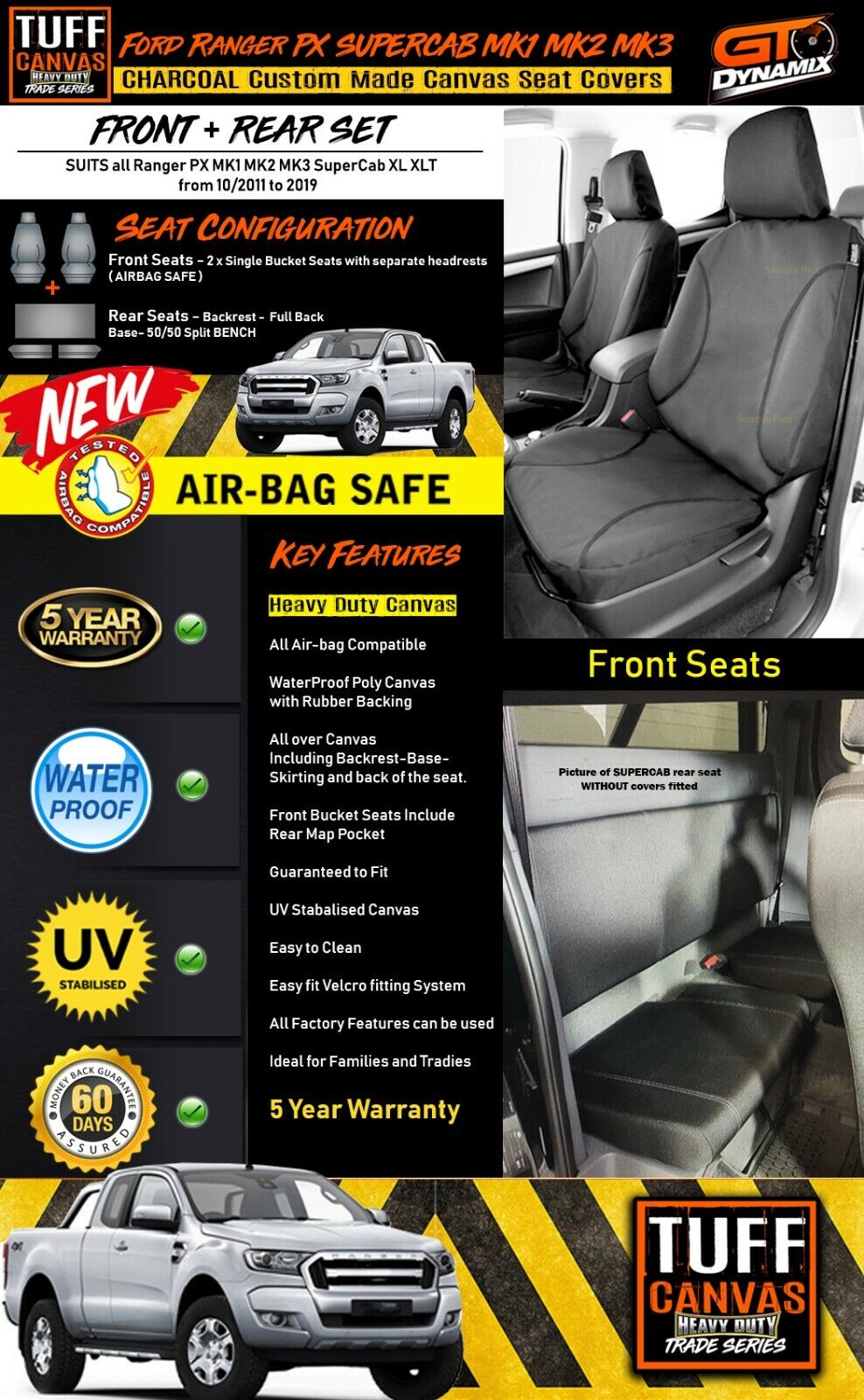TUFF HD TRADE Canvas Seat Covers 2 Rows For Ford PX Ranger Super Cab XL XLT 10/2011-2019 Charcoal