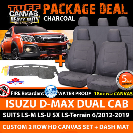 Tuff HD Canvas Seat Covers 2 Rows + Dash Mat For Isuzu D-MAX Dual Cab 6/2012-19 Charcoal