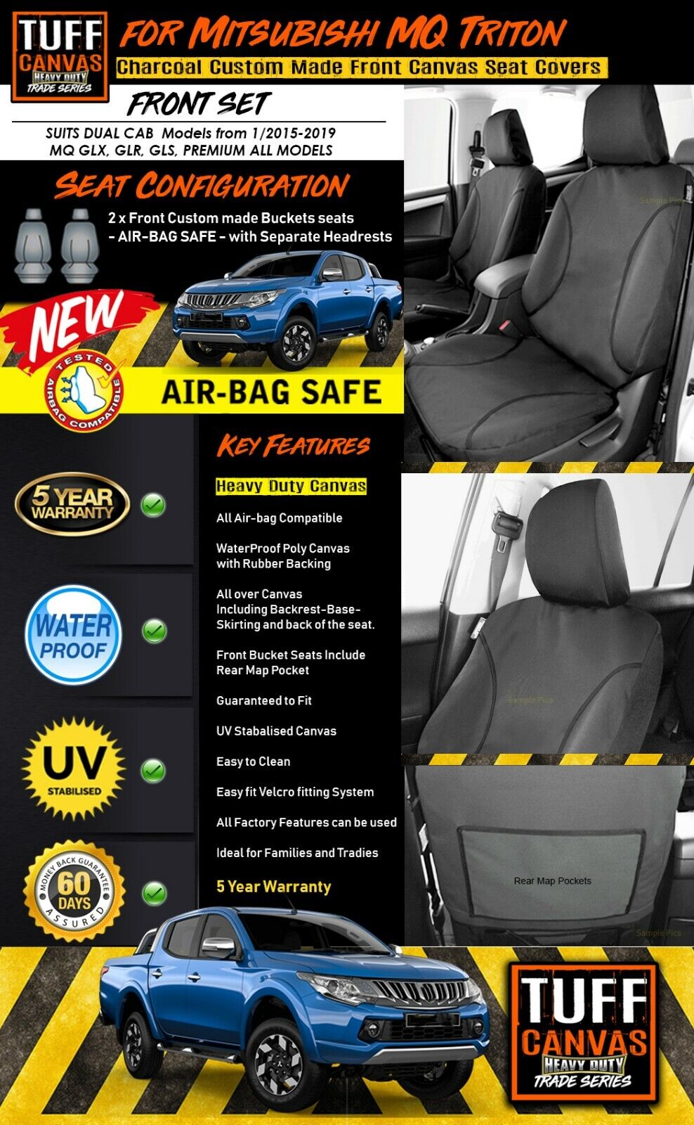 TUFF HD TRADE Canvas Seat Covers Front For Mitsubishi Triton MQ GLX GLR GLS 2015-2019 Charcoal