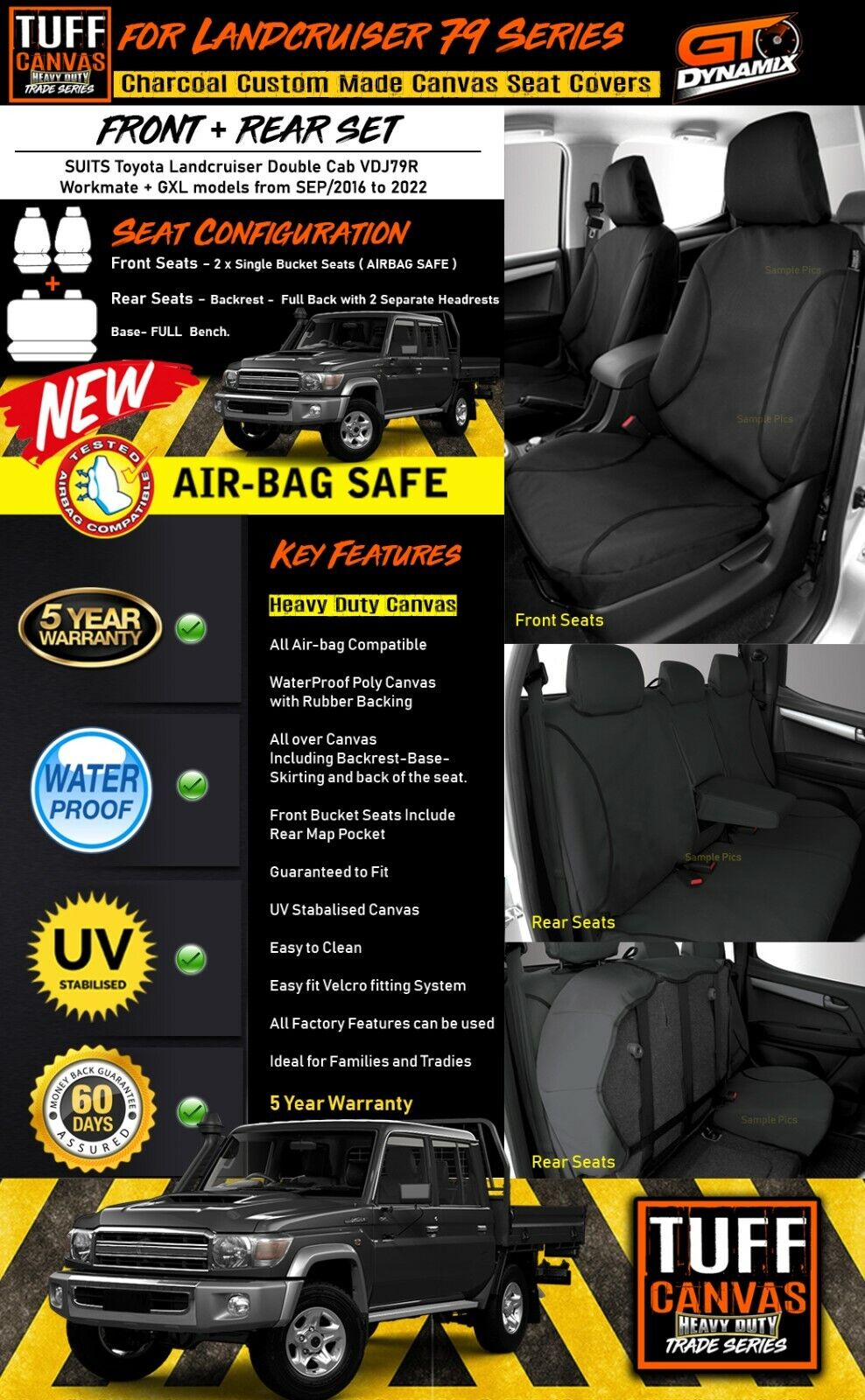 TUFF HD TRADE Canvas Seat Covers 2 Rows For Toyota Landcruiser 79 VDJ79R GXL 2016-2023 Charcoal