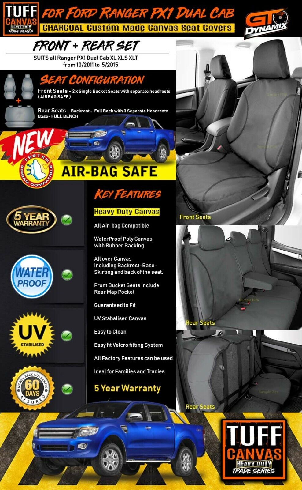 TUFF HD TRADE Canvas Seat Covers 2 Rows For Ford Ranger PX1 XL XLT 10/2011-5/2015 Charcoal