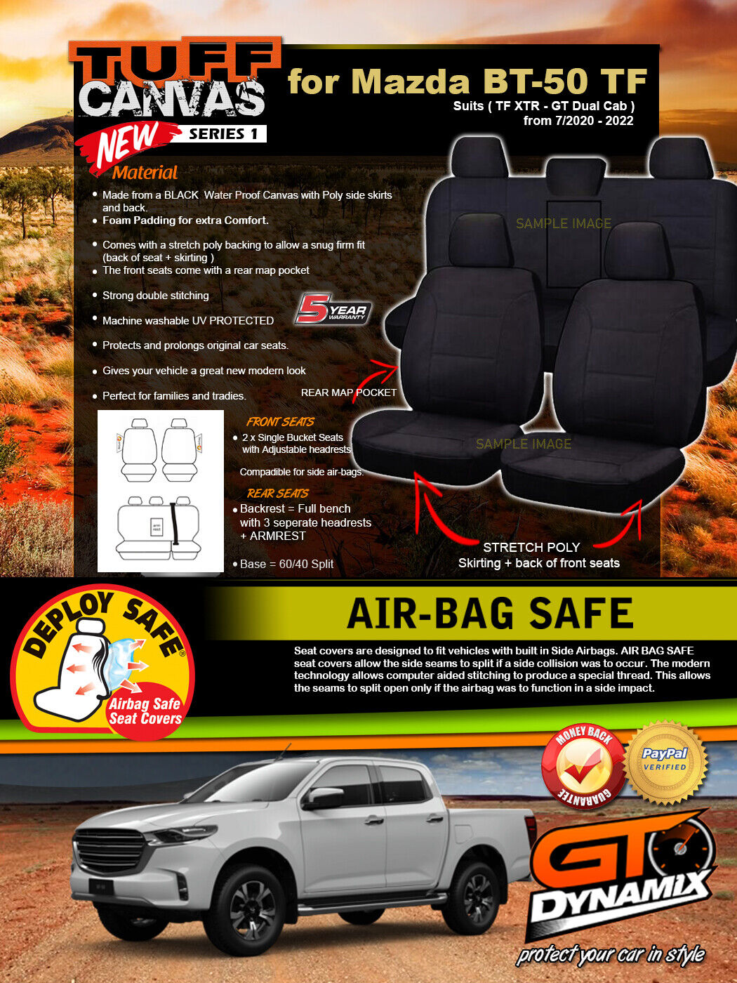 Tuff Canvas Seat Covers 2 Rows For Mazda BT50 TF GT XTR BT-50 Dual Cab 7/2020-2024 Black