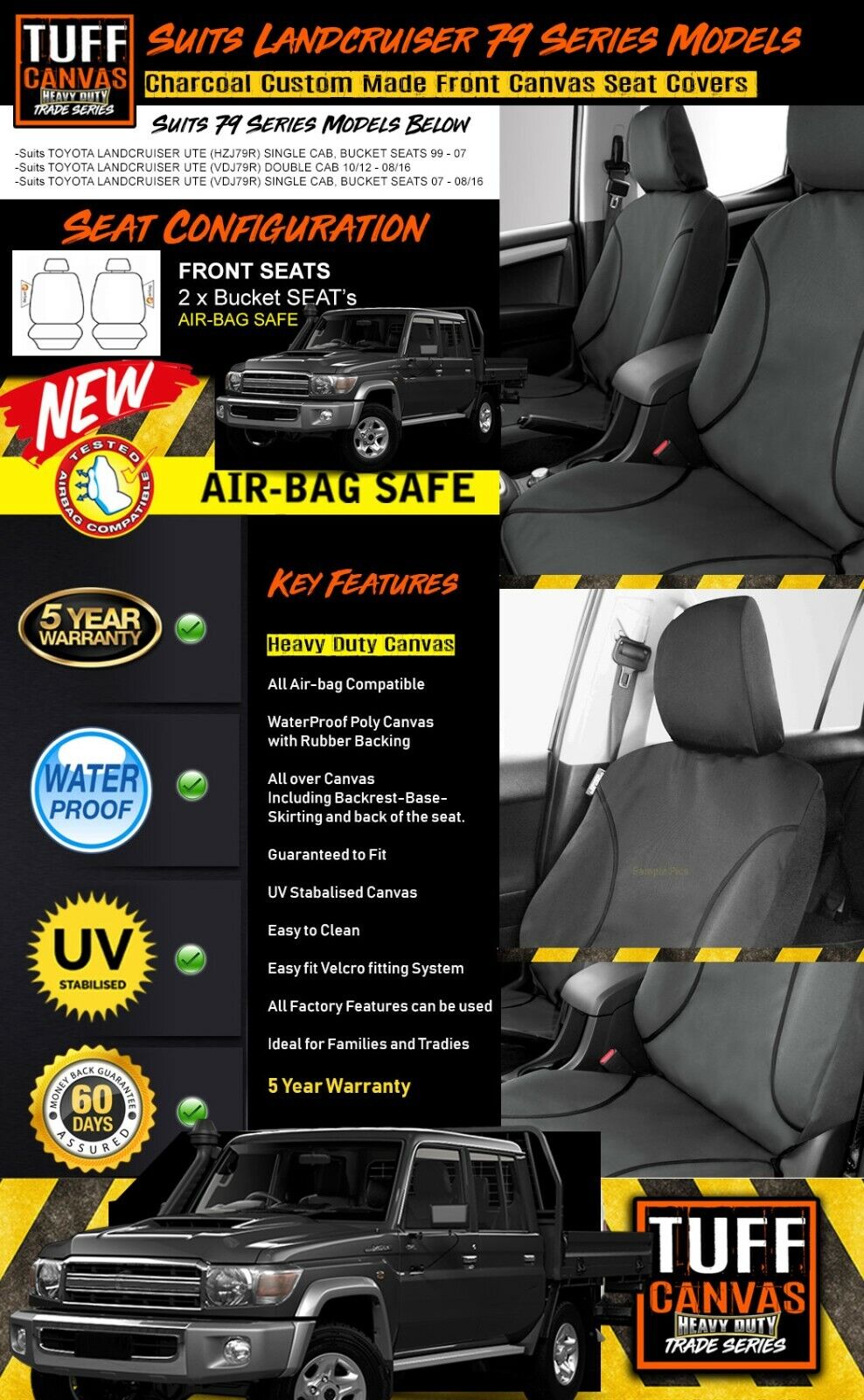 TUFF HD TRADE Canvas Seat Covers Front For Toyota Landcruiser 79 Series VDJ79R 2007-2016 Charcoal
