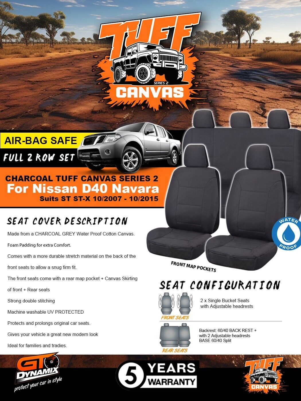 Charcoal Tuff Canvas S2 Seat Covers 2 Rows For Nissan Navara D40 ST ST-X 10/2007-10/2015